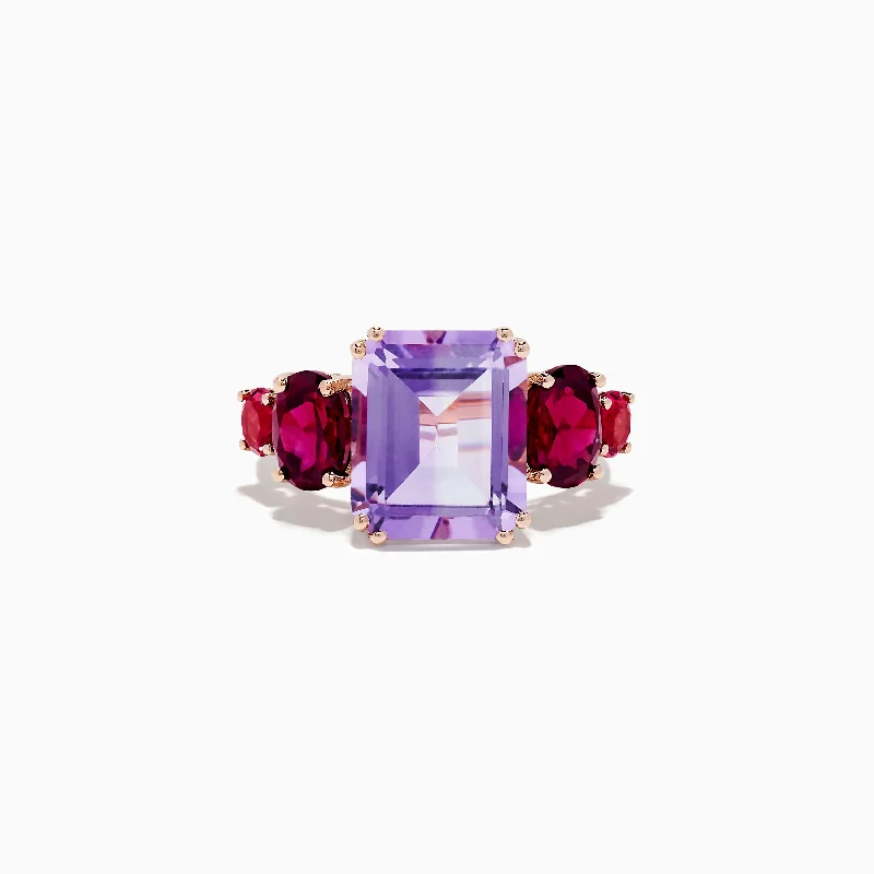 ladies rings ethnic-14K Rose Gold Amethyst, Rhodolite and Pink Tourmaline Ring