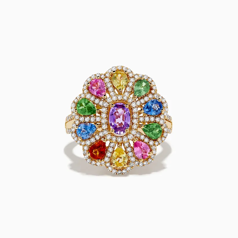 ladies rings gift box-Watercolors 14K Yellow Gold Multi Sapphire and Diamond Ring