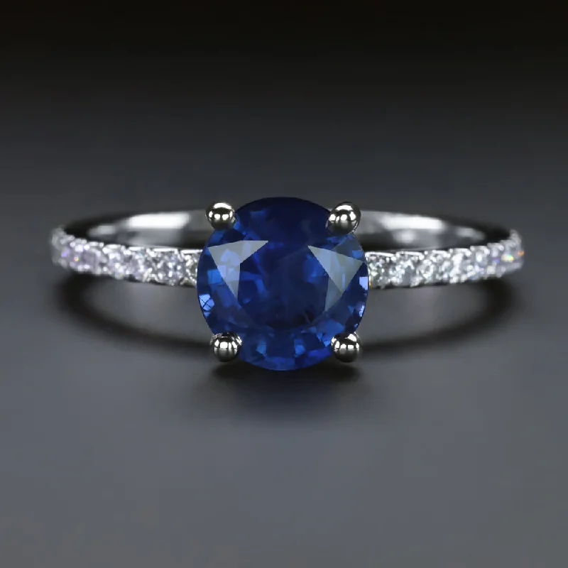 Gothic engagement rings -1.74ct SAPPHIRE DIAMOND RING 14k WHITE GOLD ROUND CUT NATURAL ENGAGEMENT BLUE