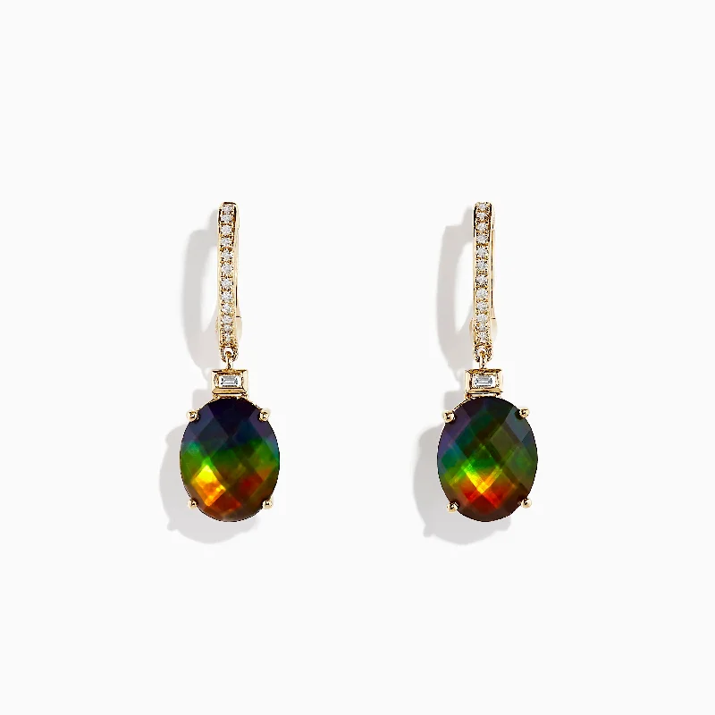 ladies earrings eco friendly-14K Yellow Gold Ammolite and Diamond Drop Earrings