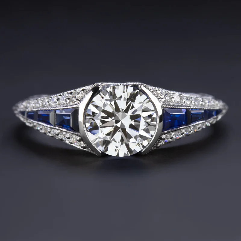 bridal set engagement rings -1ct GIA CERTIFIED DIAMOND SAPPHIRE ENGAGEMENT RING VINTAGE STYLE 14k WHITE GOLD