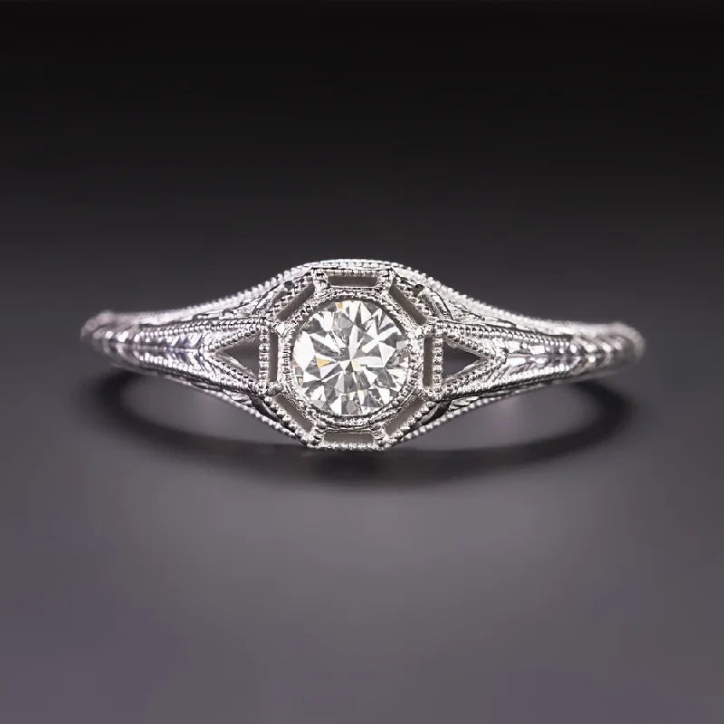 minimalist engagement rings -VINTAGE STYLE DIAMOND ENGAGEMENT RING 0.32ct G-H SI1-SI2 14k WHITE GOLD FILIGREE