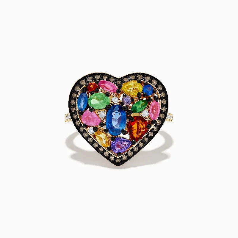 ladies rings designs-Watercolors 14K Yellow Gold Multi Color Sapphire and Diamond Heart Ring