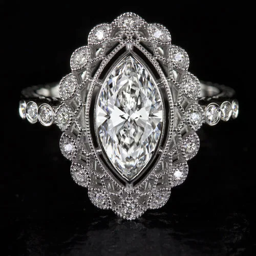 pave setting engagement rings -2ct VINTAGE STYLE ENGAGEMENT RING LAB CREATED DIAMOND FILIGREE HALO MARQUISE CUT