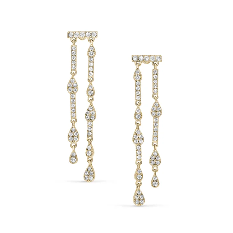 Gold Finish Sterling Silver Micropave Two Row Drop Earrings with Simulated Diamonds