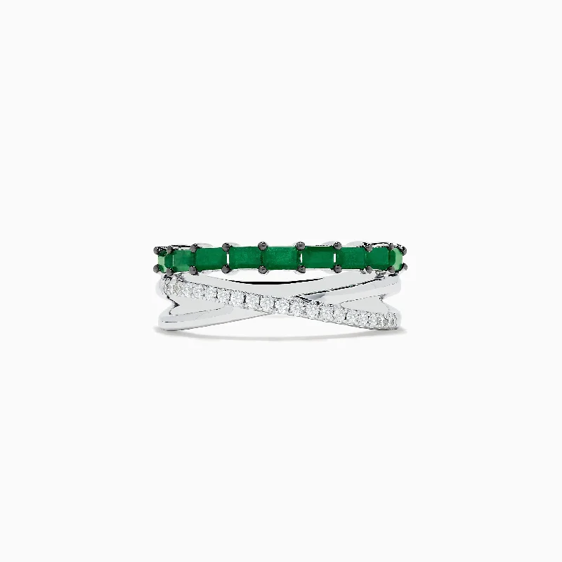 ladies rings budget-Brasilica 14K White Gold Emerald and Diamond Crossover Ring