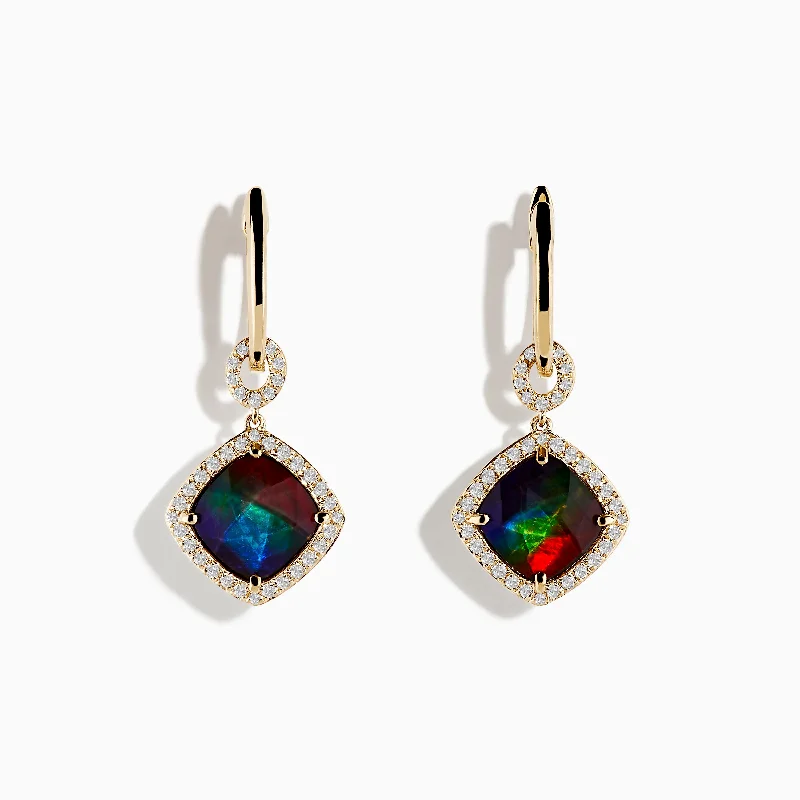 ladies earrings lab grown-14K Yellow Gold Ammolite and Diamond Earrings