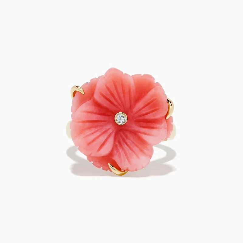 ladies rings luxury-Nature 14K Yellow Gold Pink Opal and Diamond Flower Ring