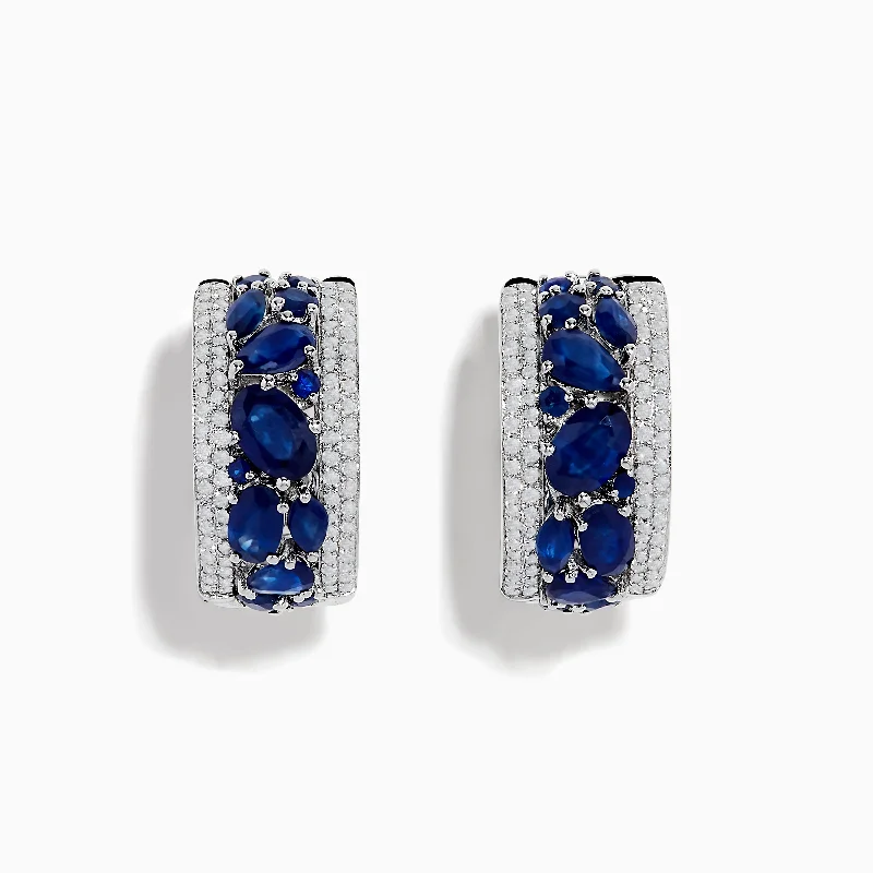 ladies earrings vintage style-14K White Gold Sapphire and Diamond Huggie Earrings