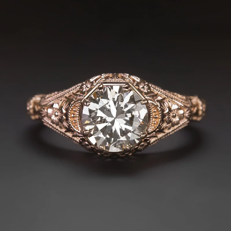 luxury engagement rings -VINTAGE STYLE DIAMOND SOLITAIRE RING 1.10ct ROSE GOLD FILIGREE FLORAL ENGAGEMENT