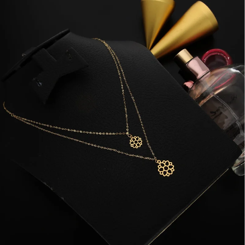 Ladies necklaces moon charm -Gold Double Layered Lotus Flower Shaped Necklace 21KT - FKJNKL21KM9793