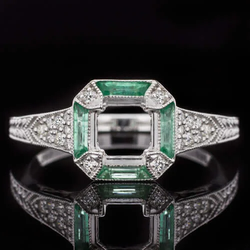 channel set engagement rings -DIAMOND EMERALD VINTAGE STYLE ENGAGEMENT RING SETTING 5MM ROUND 5.5MM ART DECO