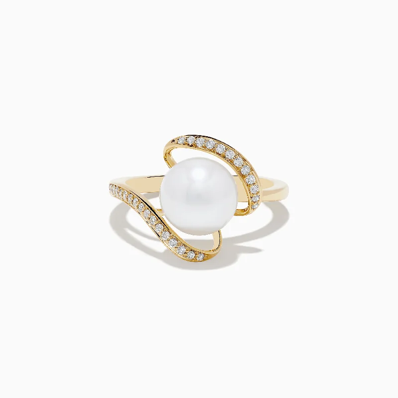 ladies rings best-Pearl 14K Yellow Gold Pearl and Diamond Ribbon Ring