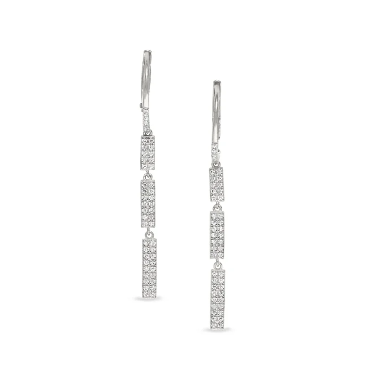 ladies earrings dangle-Platinum Finish Sterling Silver Micropave Three Bar Drop Earrings with Simulated Diamonds