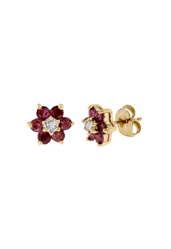 ladies earrings glamorous-14K Yellow Gold Ruby and Diamond Flower Stud Earrings