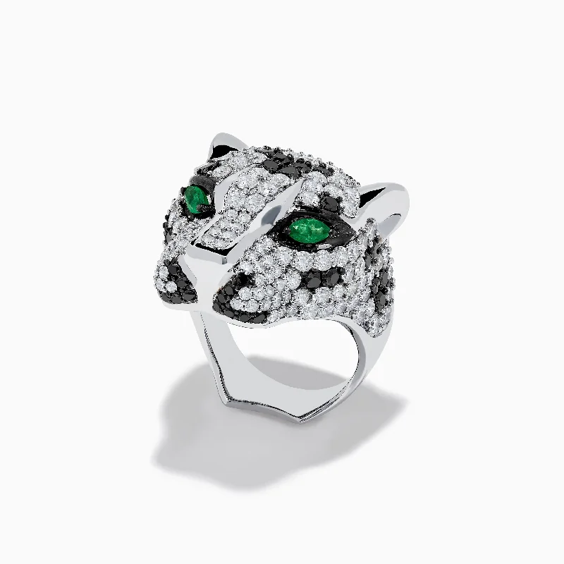 ladies rings gift-Signature Panther Head 14K White Gold Diamond & Emerald Ring