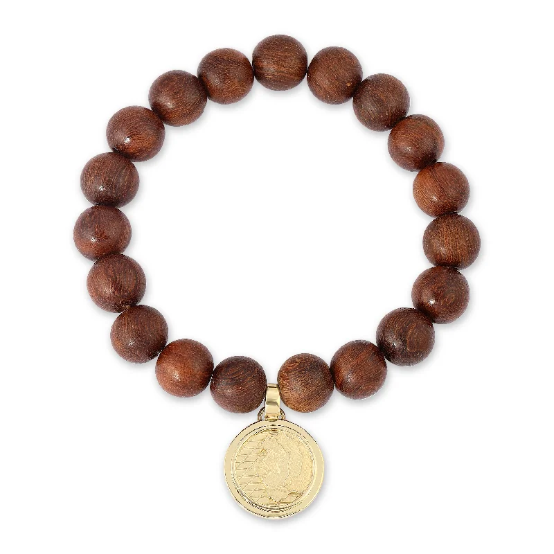 Ladies bracelets raw charm -Wood Beaded Bracelet with Lioness Coin