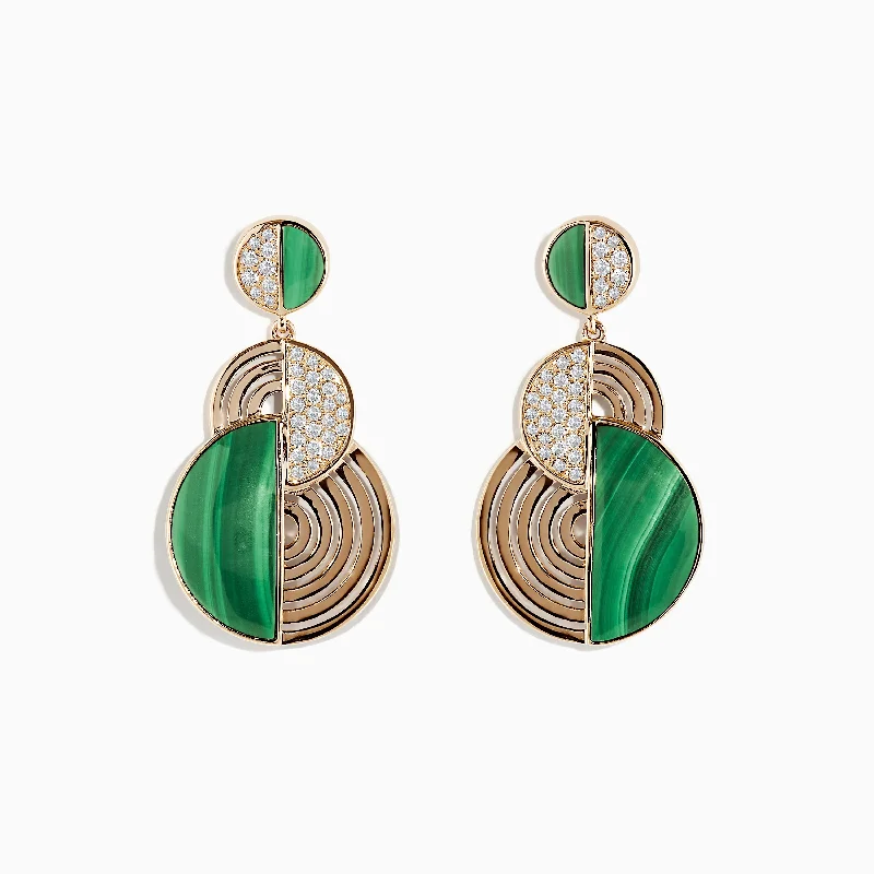 ladies earrings styles-14K Yellow Gold Half Moon Malachite and Diamond Earrings