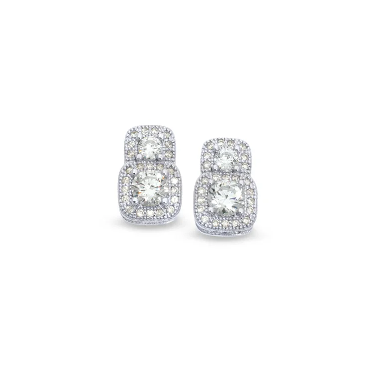 ladies earrings tiffany-Platinum Finish Sterling Silver Micropave Two Stone Earrings with 54 Simulated Diamonds