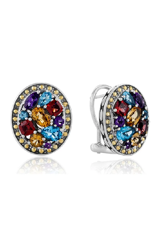 ladies earrings retro design-925 Sterling Silver & 18K Gold Multi Gemstone Earrings, 5.25 TCW