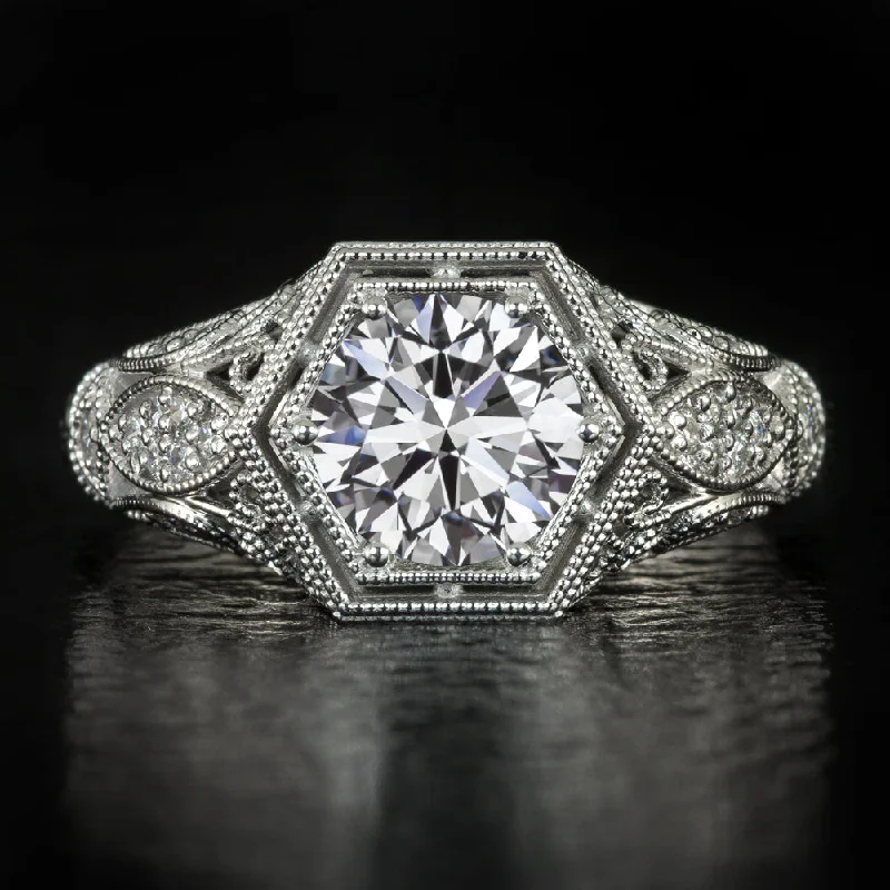 handcrafted engagement rings -1.5ct VINTAGE STYLE ENGAGEMENT RING LAB CREATED DIAMOND FILIGREE 14k WHITE GOLD