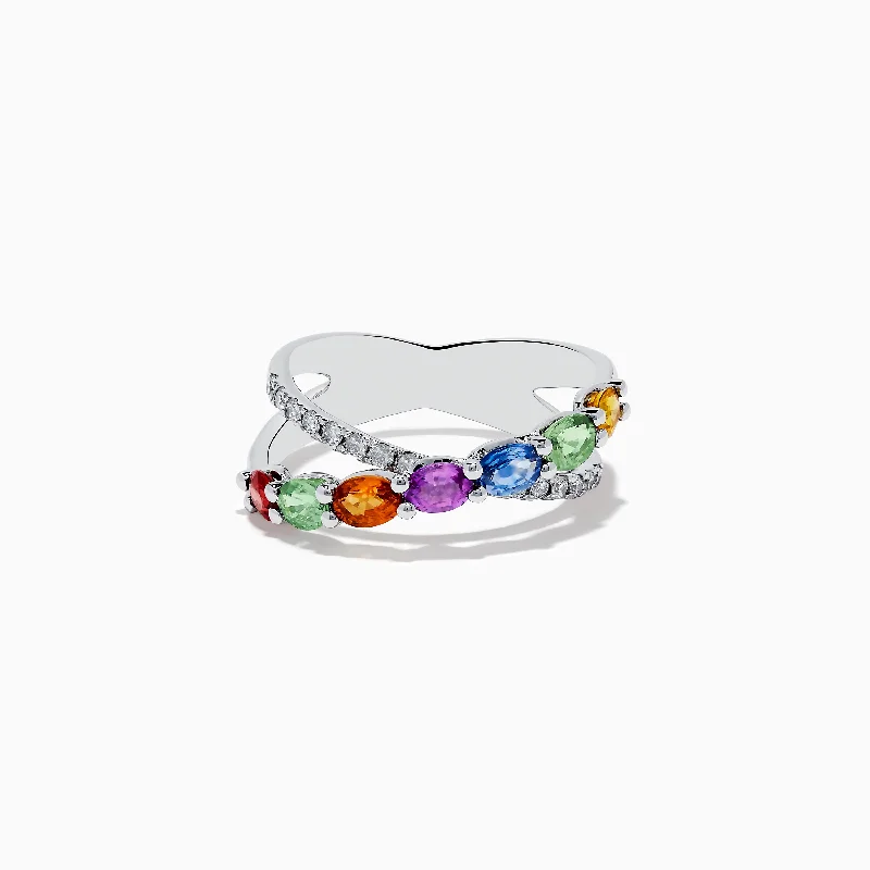 ladies rings auction-Watercolors 14K White Gold Multi Sapphire and Diamond Crossover Ring