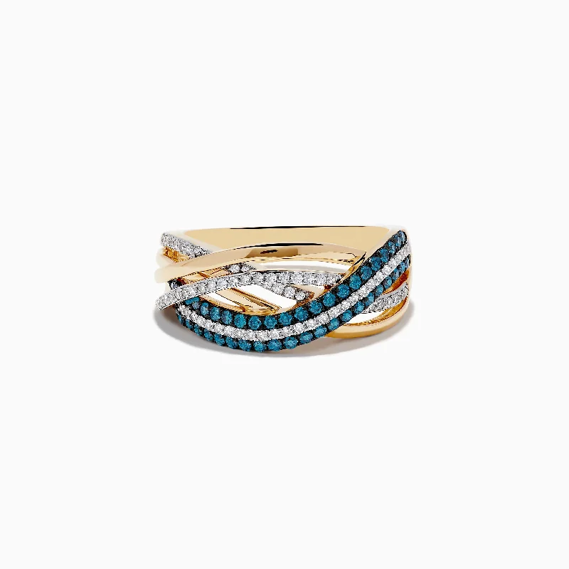 ladies rings auction-Bella Bleu 14K Yellow Gold Blue and White Diamond Crossover Ring