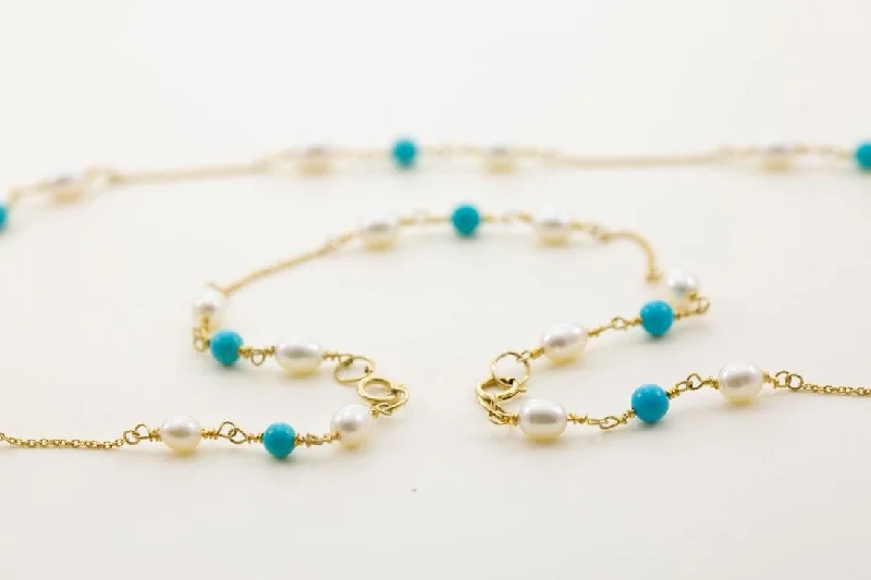 Ladies bracelets art glow -Simon Alexander 9ct Gold Turquoise and Pearl Necklace with Bracelet