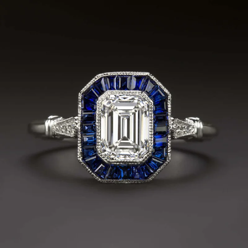 classic engagement rings -1.20ct GIA CERT I VS1 EMERALD CUT DIAMOND SAPPHIRE ENGAGEMENT RING VINTAGE STYLE