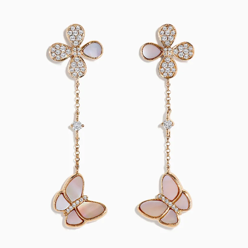 ladies earrings clearance-14K Rose Gold Mother of Pearl and Diamond Butterfly Earrings, 0.39 TCW