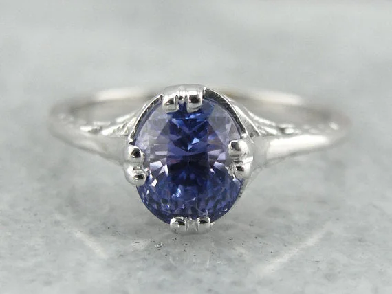 dainty engagement rings -Floral Filigree Engagement Ring, Sapphire Solitaire, Lilac Sapphire