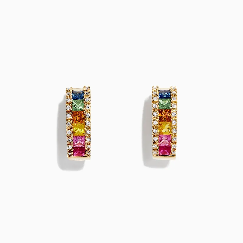 ladies earrings swarovski-Watercolors 14K Yellow Gold Multi Sapphire & Diamond Hoop Earrings, 1.76 TCW