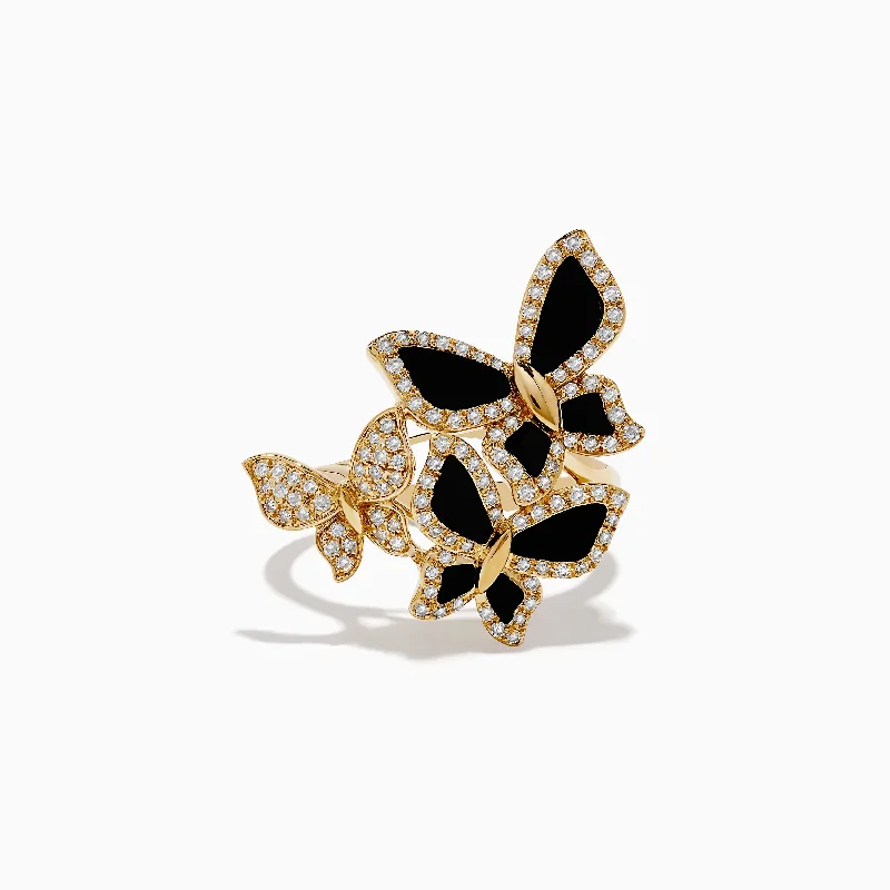 ladies rings subtle elegance-Nature 14K Yellow Gold Onyx and Diamond Multi Butterfly Ring