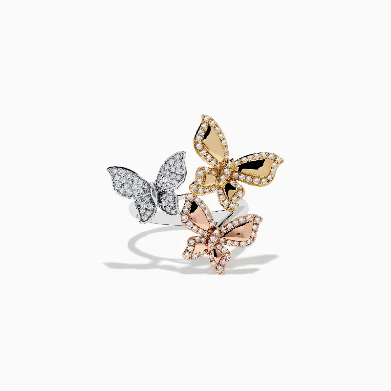 ladies rings thin-Trio 14K White, Pink and Yellow Gold Diamond Butterfly Ring