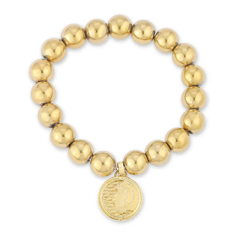 Ladies bracelets palm charm -Golden Beaded Bracelet with Lioness Coin