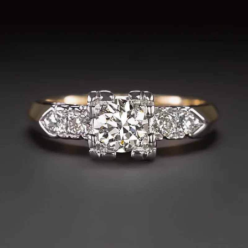 handmade engagement rings -3/4ct VINTAGE DIAMOND ENGAGEMENT RING H-I VS2 ROUND CUT 14k TWO TONE GOLD ESTATE