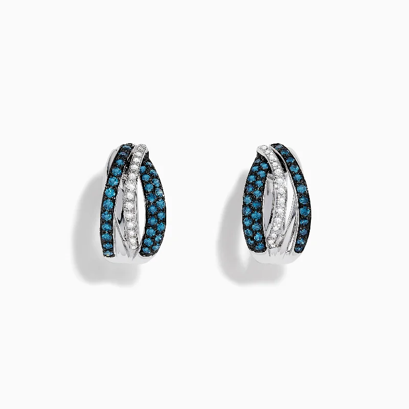 ladies earrings solitaire-Bella Bleu 14K White Gold White and Blue Diamond Hoop Earrings