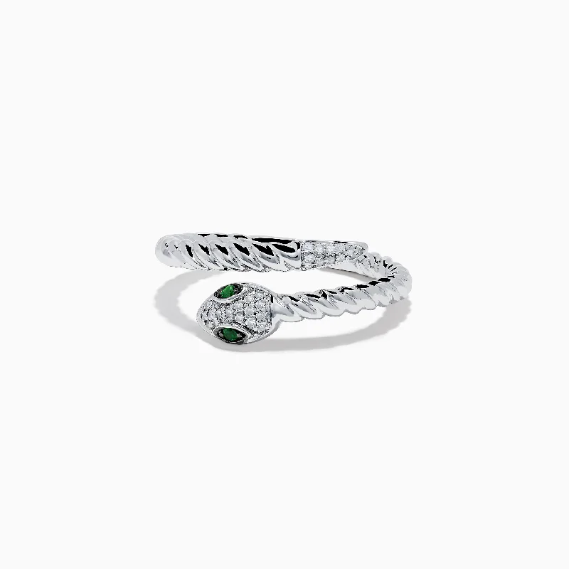 ladies rings modern classic-925 Sterling Silver Diamond and Tsavorite Snake Ring