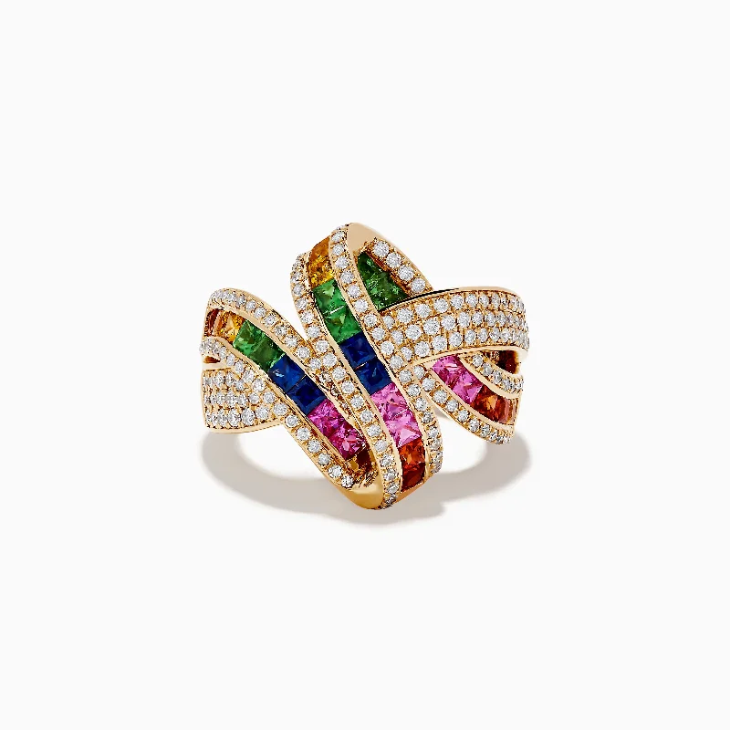 ladies rings platinum-Watercolor 14k Yellow Gold Multi Sapphire and Diamond Ribbon Ring