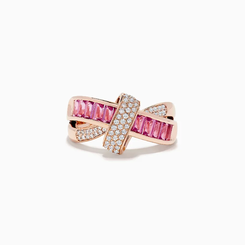 ladies rings mid century-14K Rose Gold Pink Sapphire and Diamond Crossover Ring