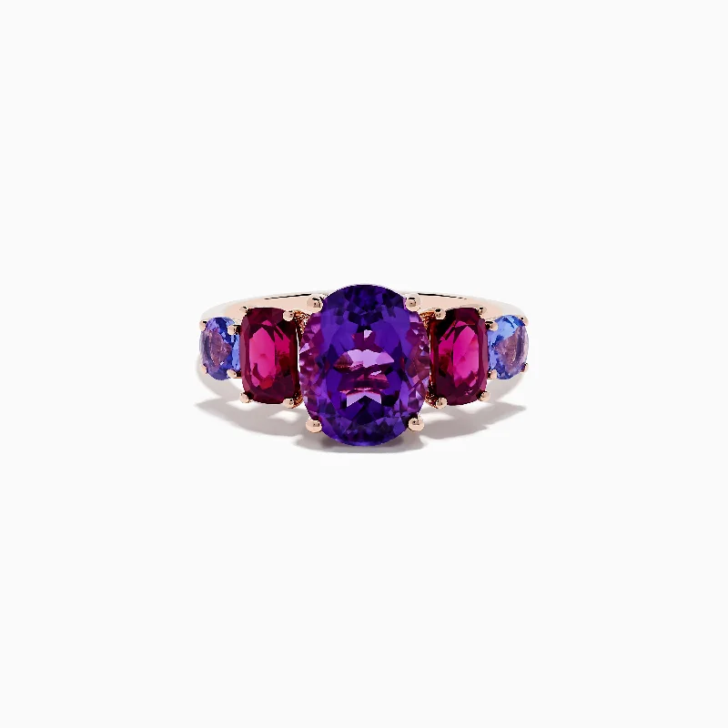 ladies rings fall-14K Rose Gold Amethyst, Rhodolite, and Tanzanite Ring