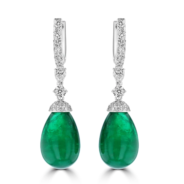 ladies earrings layered-18K WHITE GOLD 34.35CT EMERALD & 2.02CT DIAMOND DANGLE LEVERBACK EARRINGS