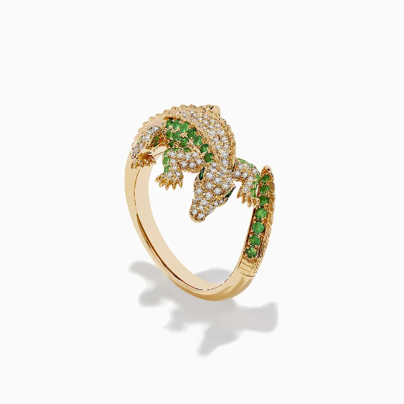 ladies rings thick-Safari 14K Yellow Gold Diamond, Tsavorite, and Emerald Crocodile Ring