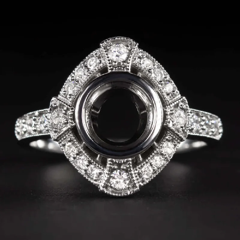 oval engagement rings -DIAMOND WHITE GOLD RING SETTING 7m ROUND CUT VINTAGE STYLE ENGAGEMENT MOUNT DECO