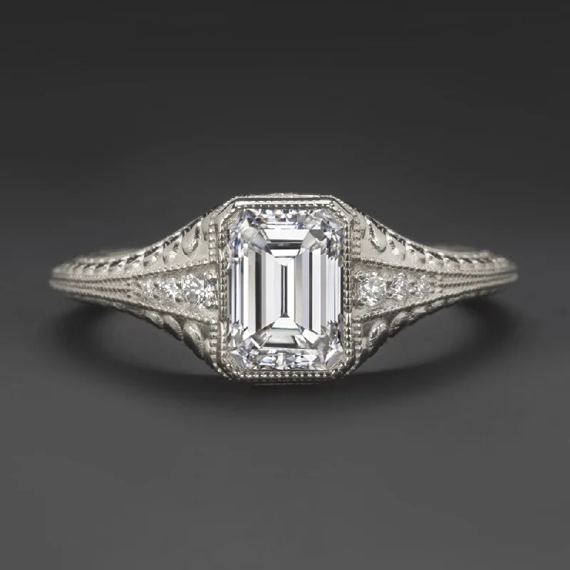 celestial engagement rings -1.12ct GIA CERTIFIED E VVS1 DIAMOND ENGAGEMENT RING EMERALD CUT VINTAGE STYLE