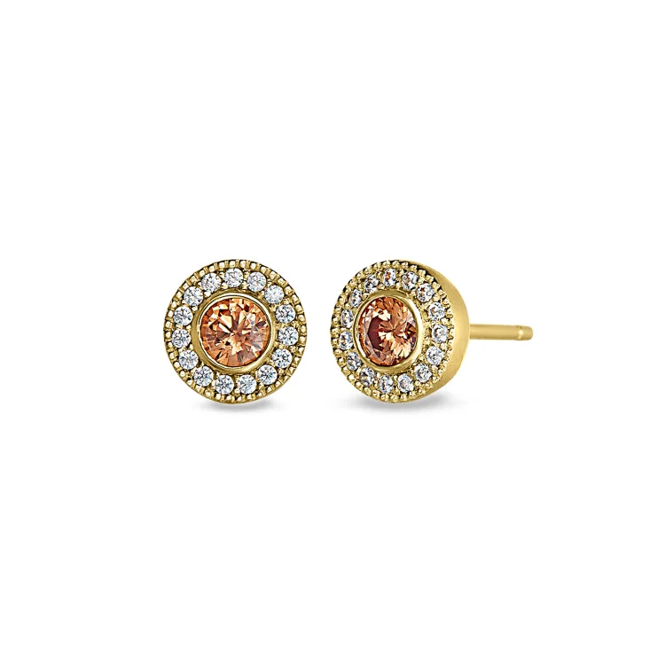 ladies earrings friendship-Gold Finish Sterling Silver Micropave Round Simulated Citrine Earrings with Simulated Diamonds