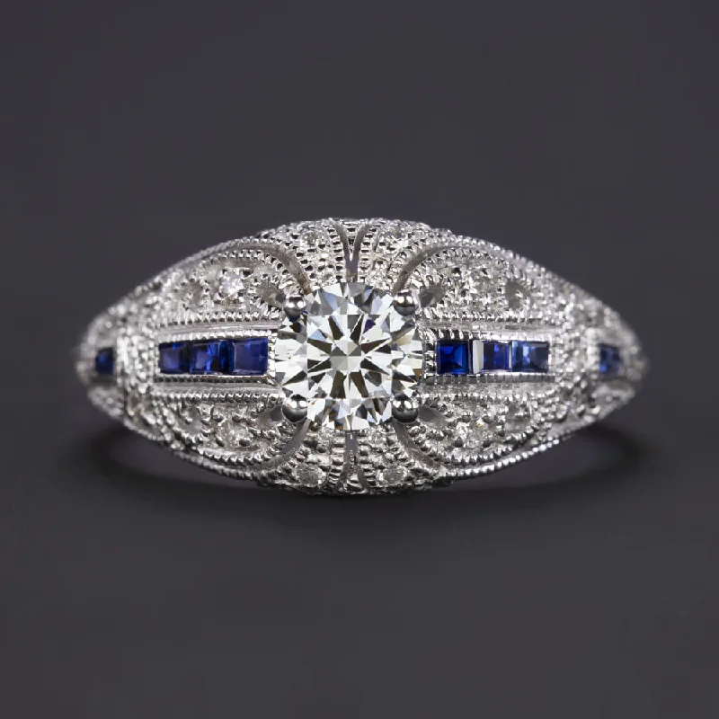 white gold engagement rings -VINTAGE STYLE LAB CREATED DIAMOND SAPPHIRE RING ART DECO COCKTAIL ENGAGEMENT