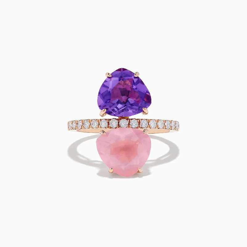 ladies rings rustic-14K Rose Gold Amethyst, Rose Quartz, and Diamond Toi Et Moi Ring