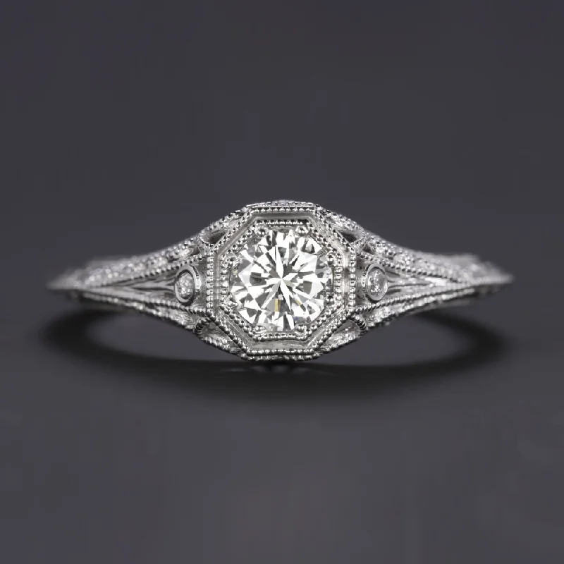 bridal set engagement rings -VINTAGE STYLE DIAMOND ENGAGEMENT RING 0.30ct I VS2 14k WHITE GOLD FILIGREE 1/3ct