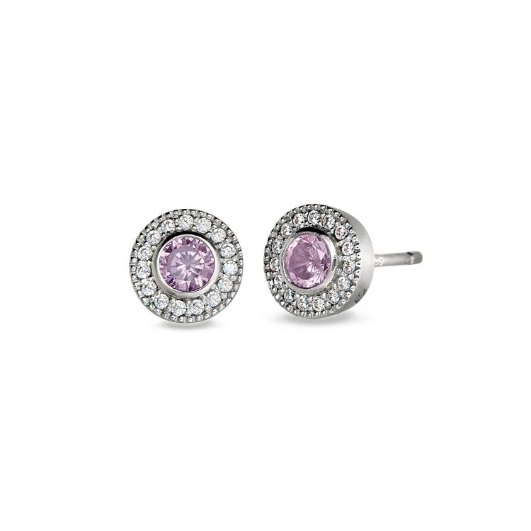 ladies earrings cartier-Platinum Finish Sterling Silver Micropave Round Simulated Pink Sapphire Earrings with Simulated Diamonds